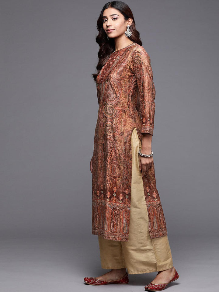 Brown Printed Velvet Straight Kurta - Libas