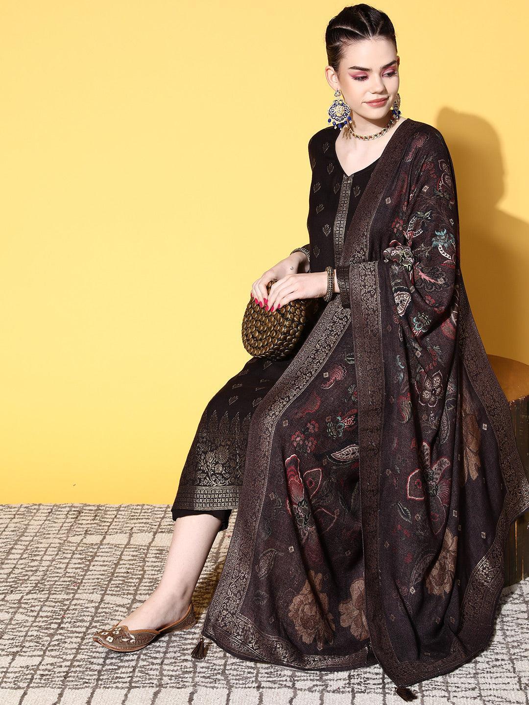 Brown Self Design Pashmina Wool Straight Suit Set - ShopLibas