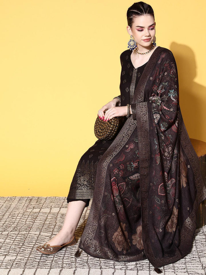 Brown Self Design Pashmina Wool Straight Suit Set - ShopLibas