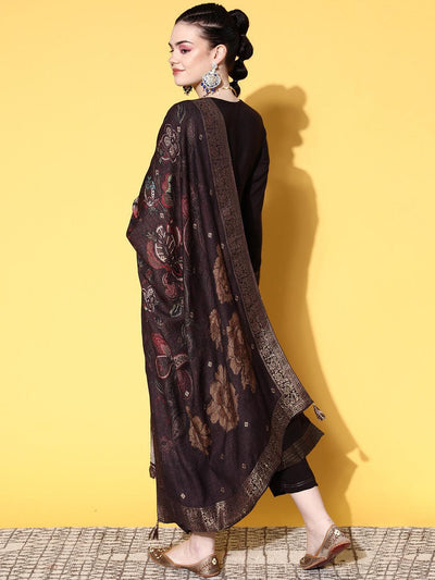 Brown Self Design Pashmina Wool Straight Suit Set - ShopLibas