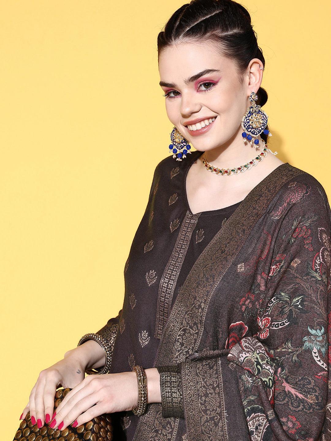 Brown Self Design Pashmina Wool Straight Suit Set - ShopLibas