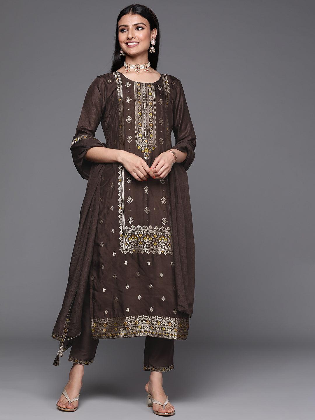 Coffee Brown Self Design Silk Suit Set - ShopLibas