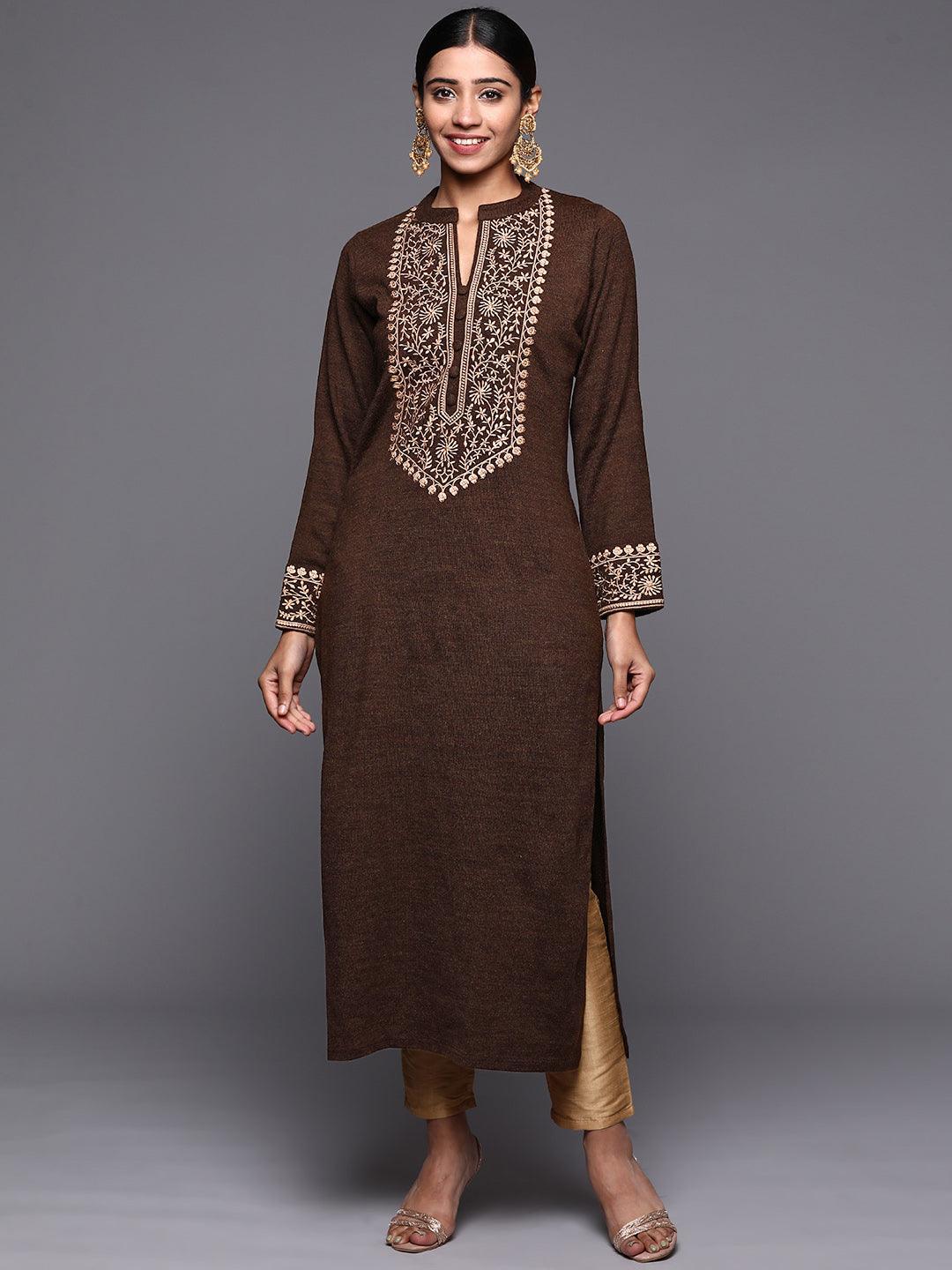 Brown Yoke Design Wool Straight Kurta - ShopLibas
