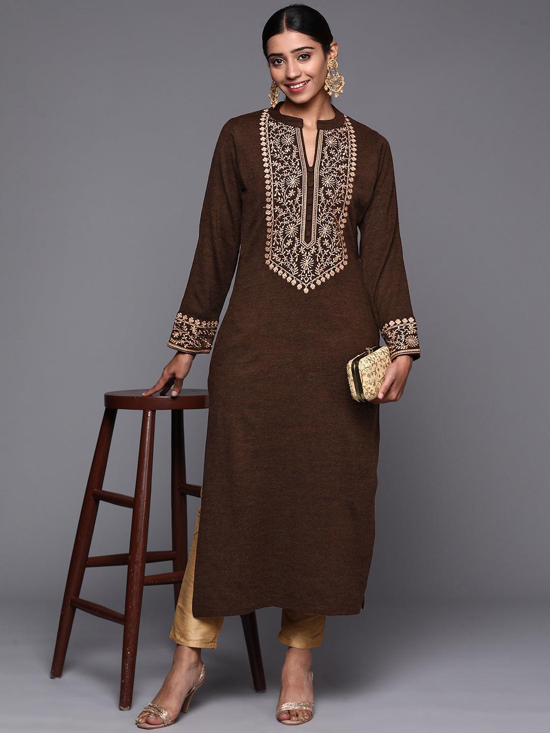 Brown Yoke Design Wool Straight Kurta - ShopLibas