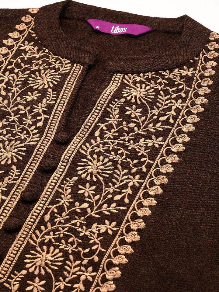 Brown Yoke Design Wool Straight Kurta - ShopLibas