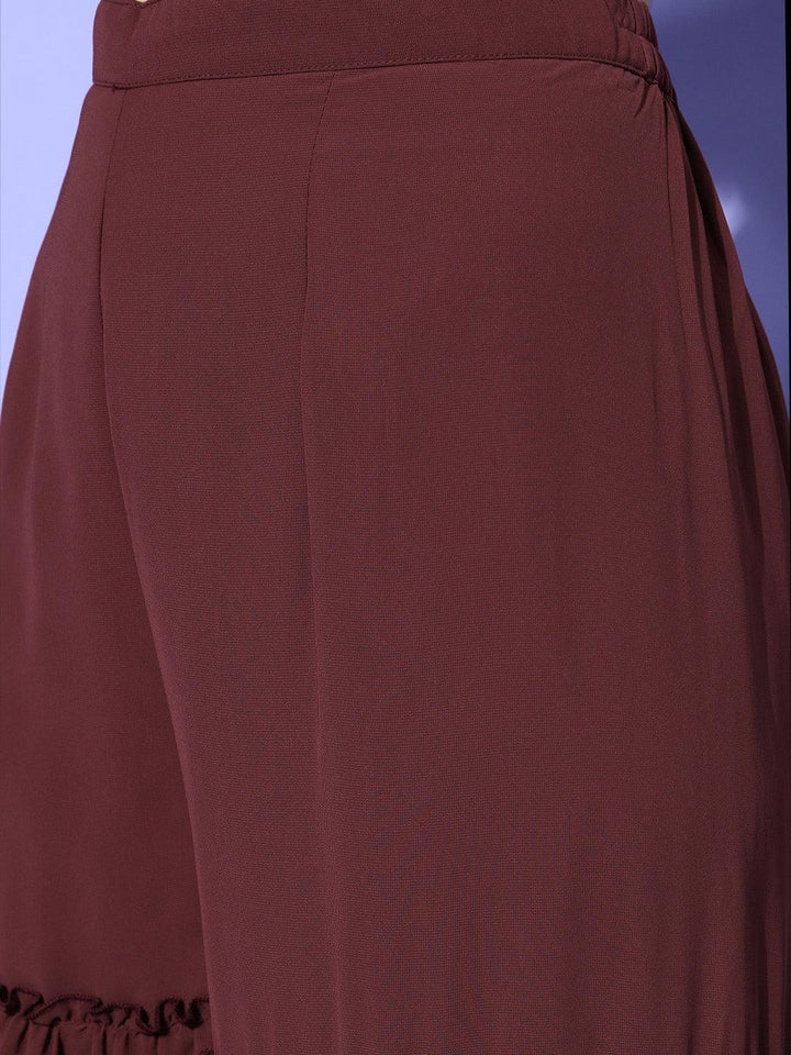 Burgundy Embroidered Georgette Straight Sharara Suit Set With Potli - Libas