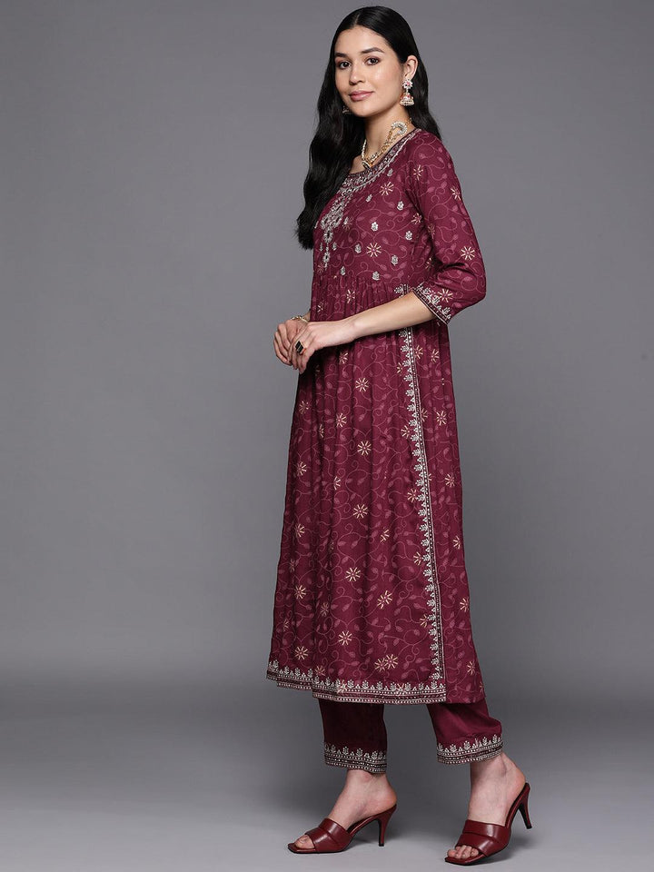 Burgundy Embroidered Rayon A-Line Suit Set With Trousers