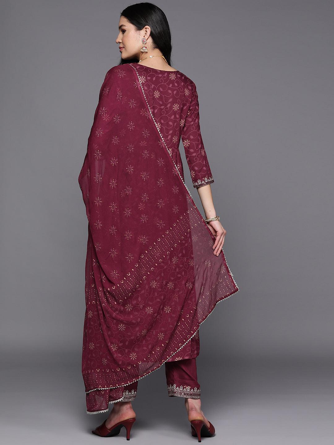 Burgundy Embroidered Rayon A-Line Suit Set With Trousers - ShopLibas 
