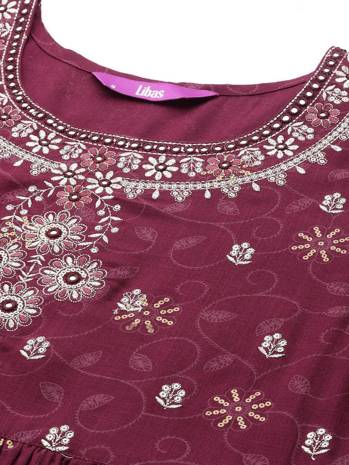 Burgundy Embroidered Rayon A-Line Suit Set With Trousers