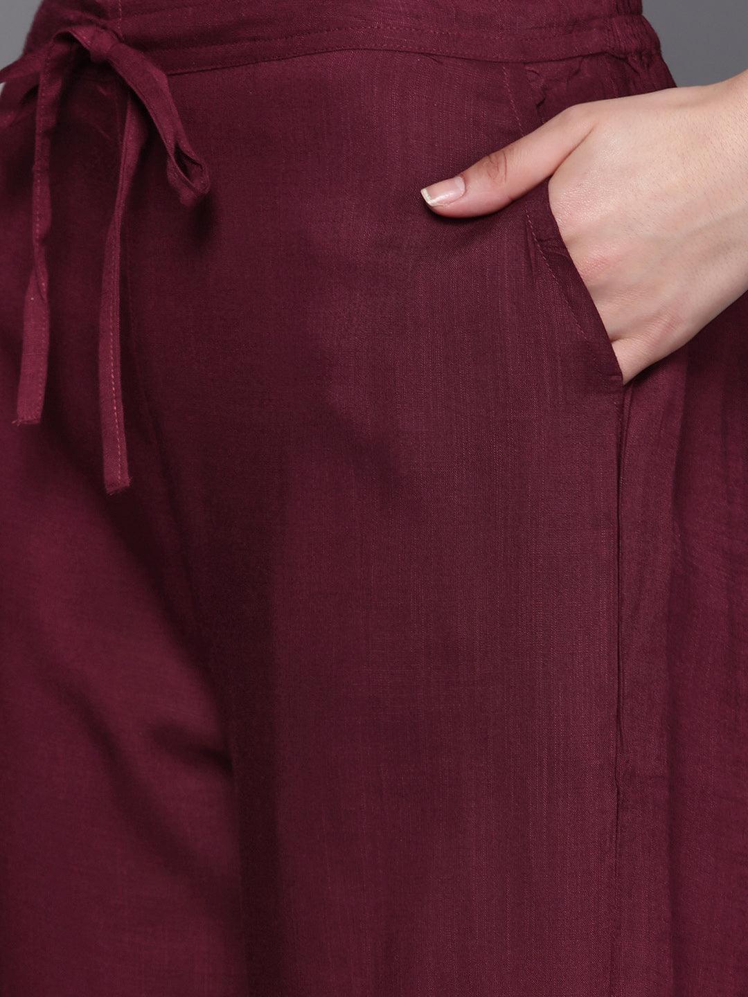 Burgundy Embroidered Rayon A-Line Suit Set With Trousers - ShopLibas 