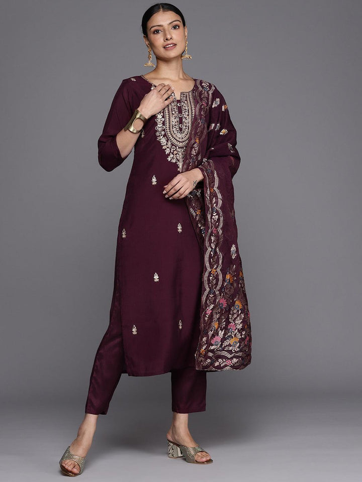 Burgundy Embroidered Silk Blend Straight Kurta With Trousers & Dupatta