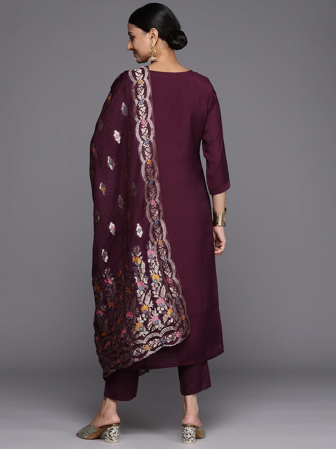 Burgundy Embroidered Silk Blend Straight Kurta With Trousers & Dupatta - Libas 