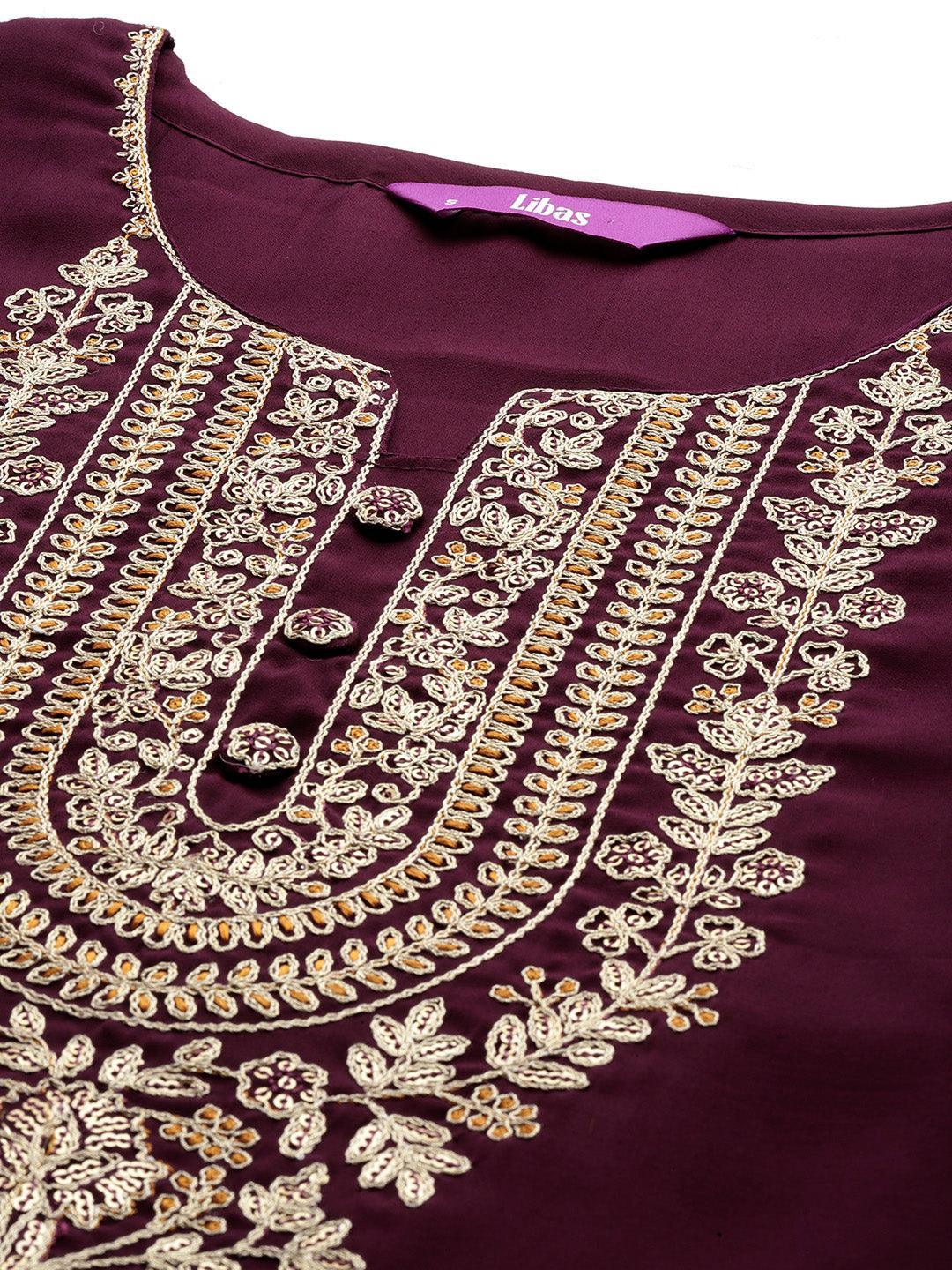 Burgundy Embroidered Silk Blend Straight Kurta With Trousers & Dupatta - Libas 