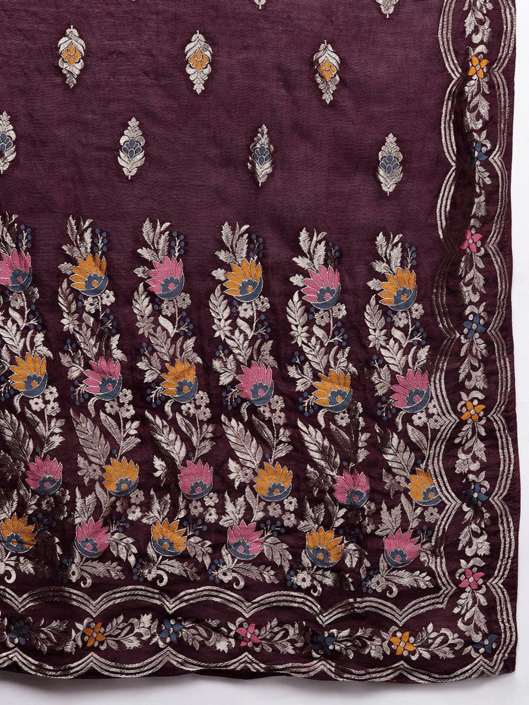 Burgundy Embroidered Silk Blend Straight Kurta With Trousers & Dupatta - Libas 