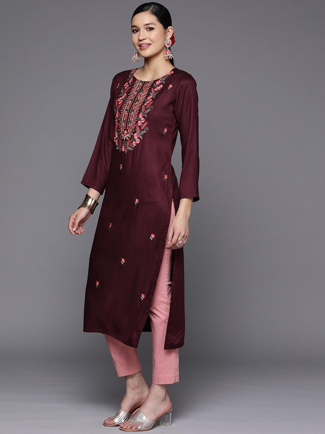 Burgundy Embroidered Wool Straight Kurta - ShopLibas 