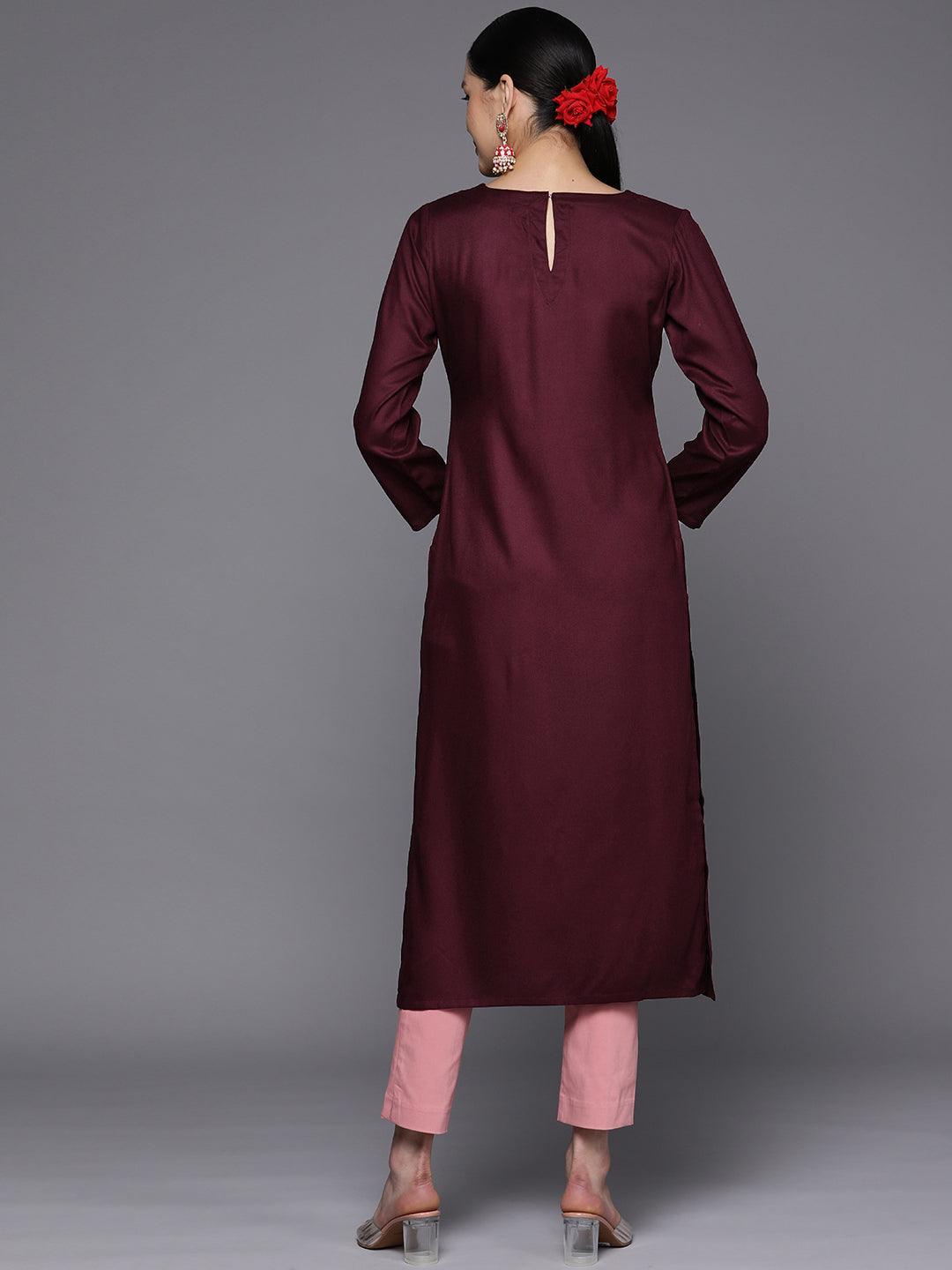 Burgundy Embroidered Wool Straight Kurta - ShopLibas 