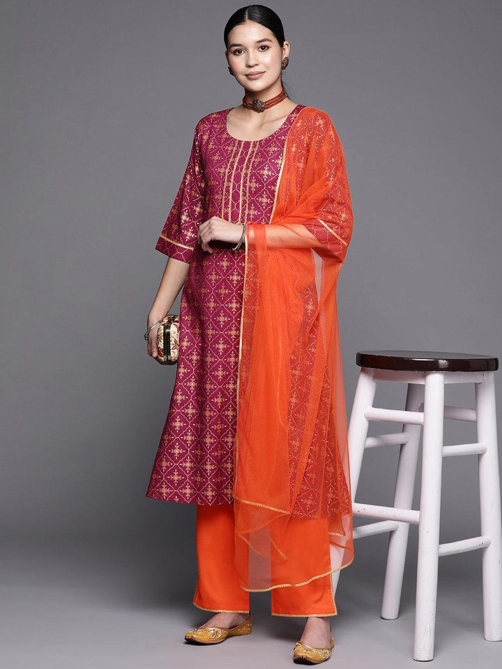 Burgundy Printed Rayon A-Line Suit Set With Trousers