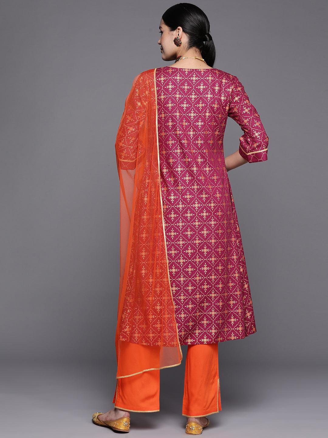 Burgundy Printed Rayon A-Line Suit Set With Trousers - ShopLibas 