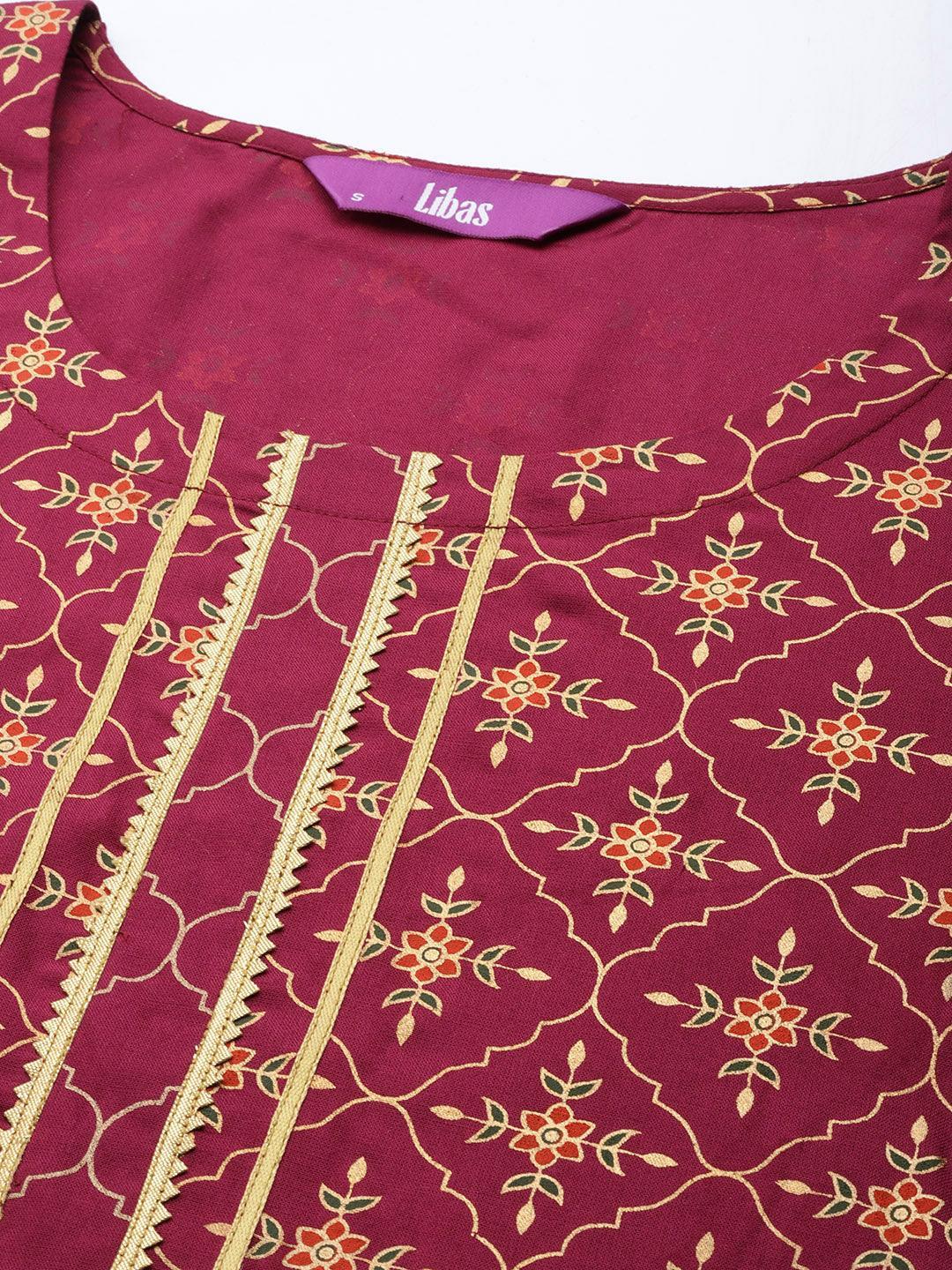 Burgundy Printed Rayon A-Line Suit Set With Trousers - ShopLibas 