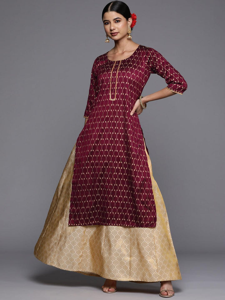 Burgundy Printed Silk Straight Kurta - ShopLibas