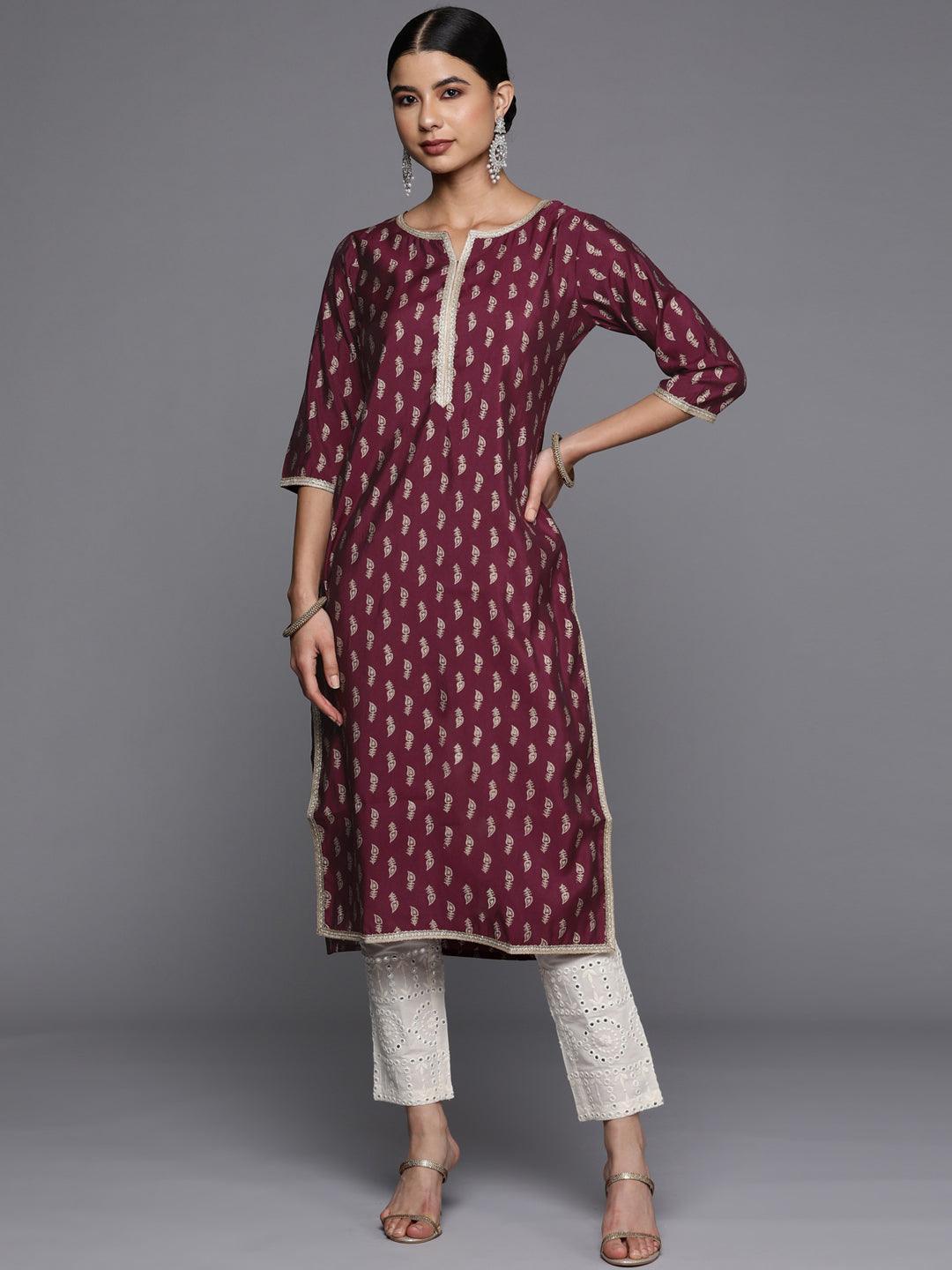 Burgundy Printed Silk Straight Kurta - ShopLibas