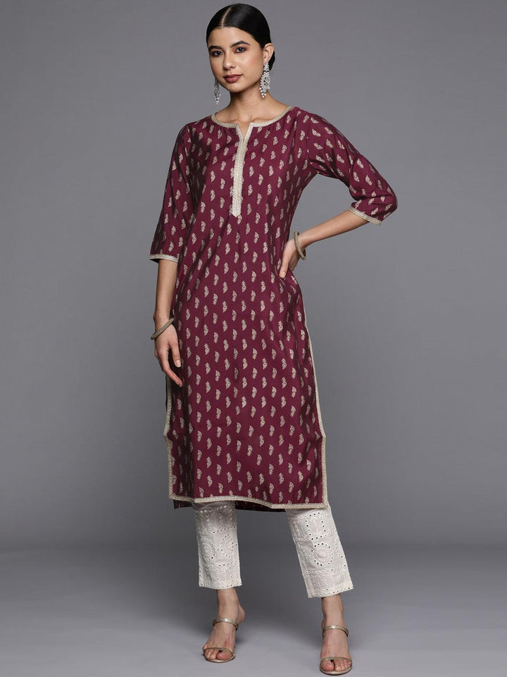 Burgundy Printed Silk Straight Kurta - ShopLibas
