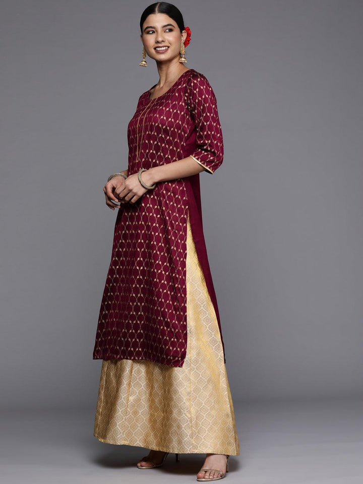 Burgundy Printed Silk Straight Kurta - ShopLibas