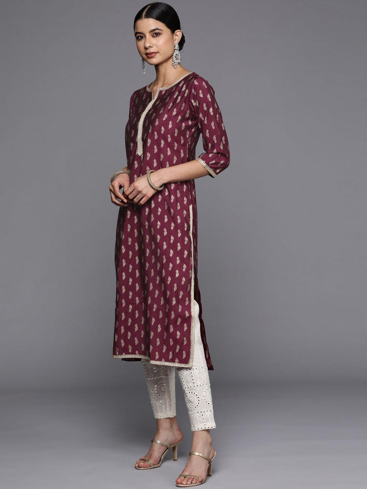Burgundy Printed Silk Straight Kurta - ShopLibas