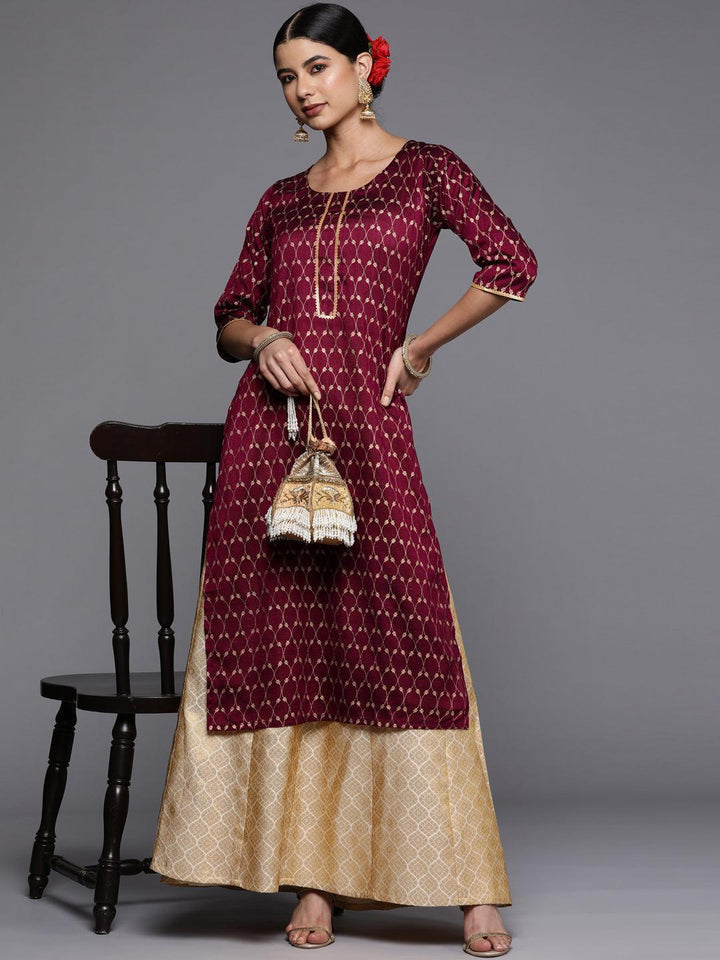Burgundy Printed Silk Straight Kurta - ShopLibas