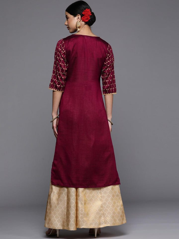 Burgundy Printed Silk Straight Kurta - ShopLibas