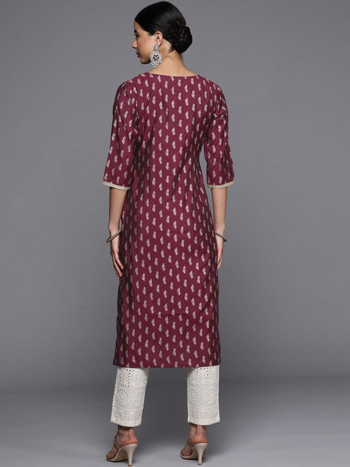 Burgundy Printed Silk Straight Kurta - ShopLibas
