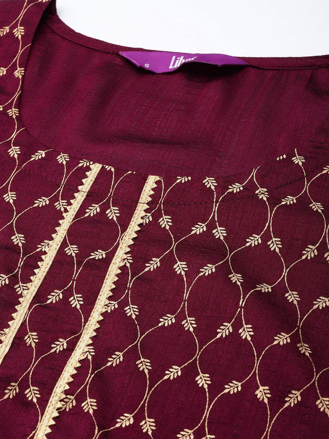 Burgundy Printed Silk Straight Kurta - ShopLibas