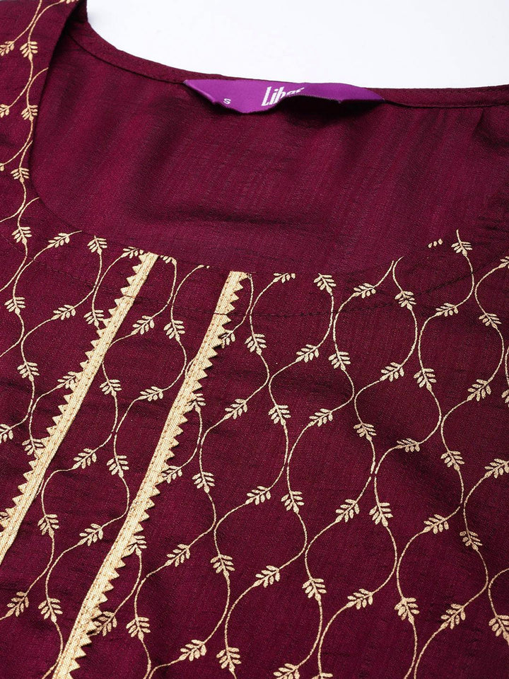 Burgundy Printed Silk Straight Kurta - ShopLibas