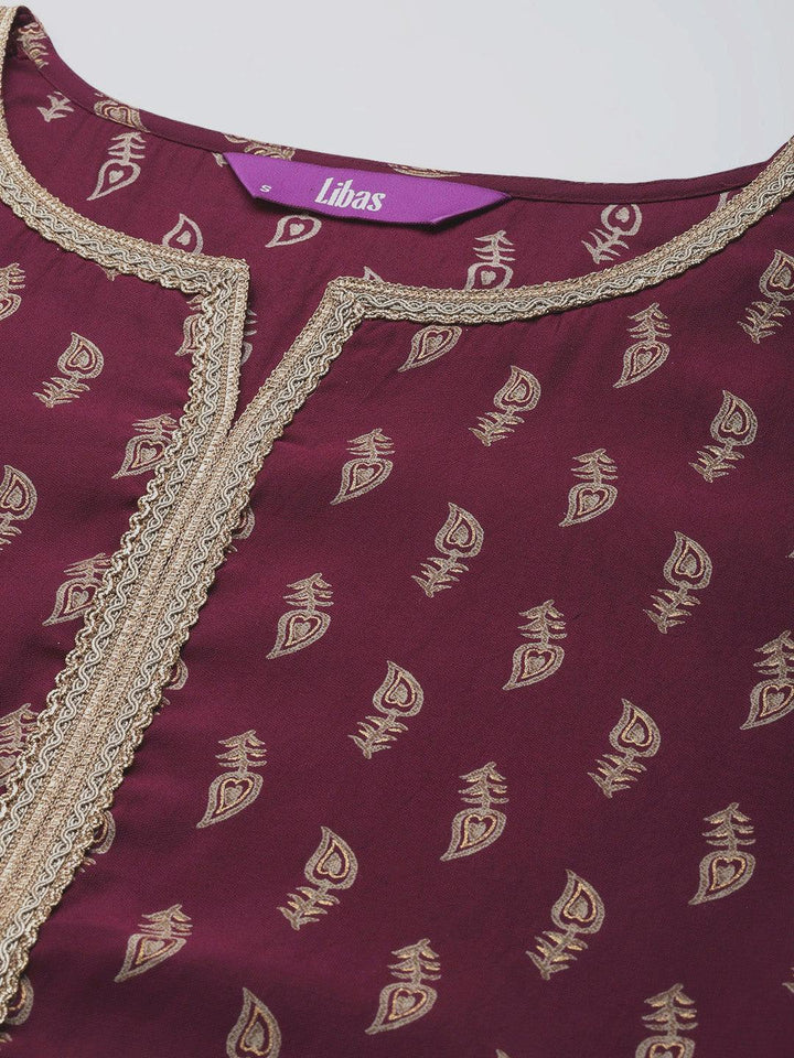 Burgundy Printed Silk Straight Kurta - ShopLibas
