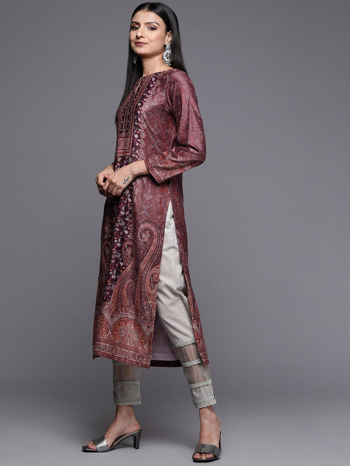 Burgundy Printed Velvet Straight Kurta