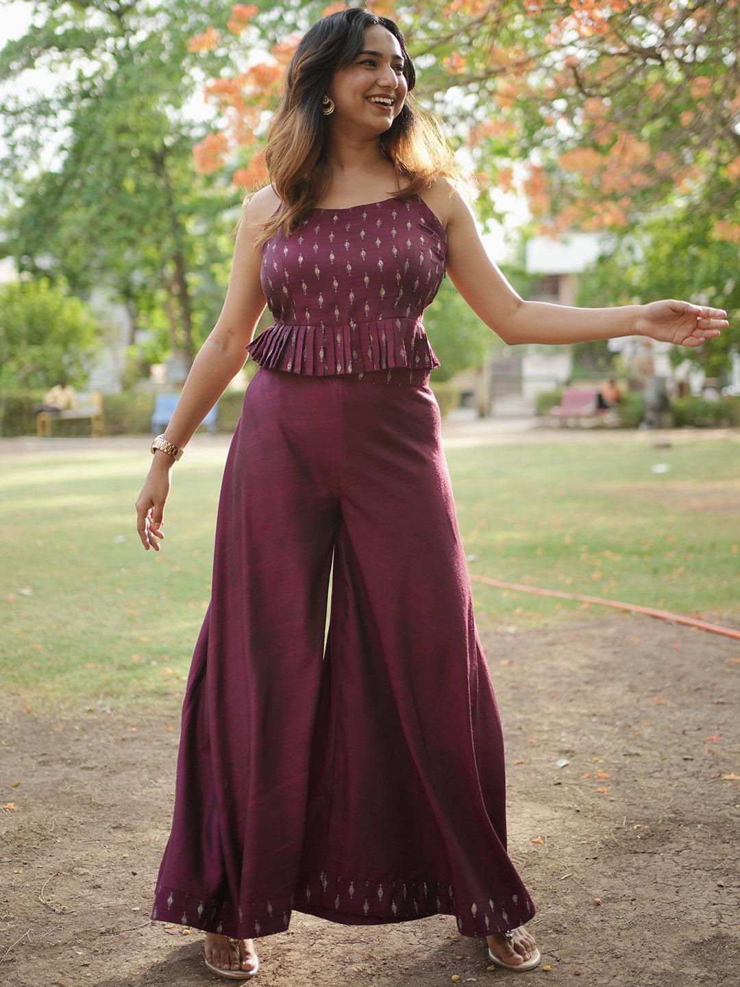 Burgundy Self Design Silk Blend Co-Ords - ShopLibas 
