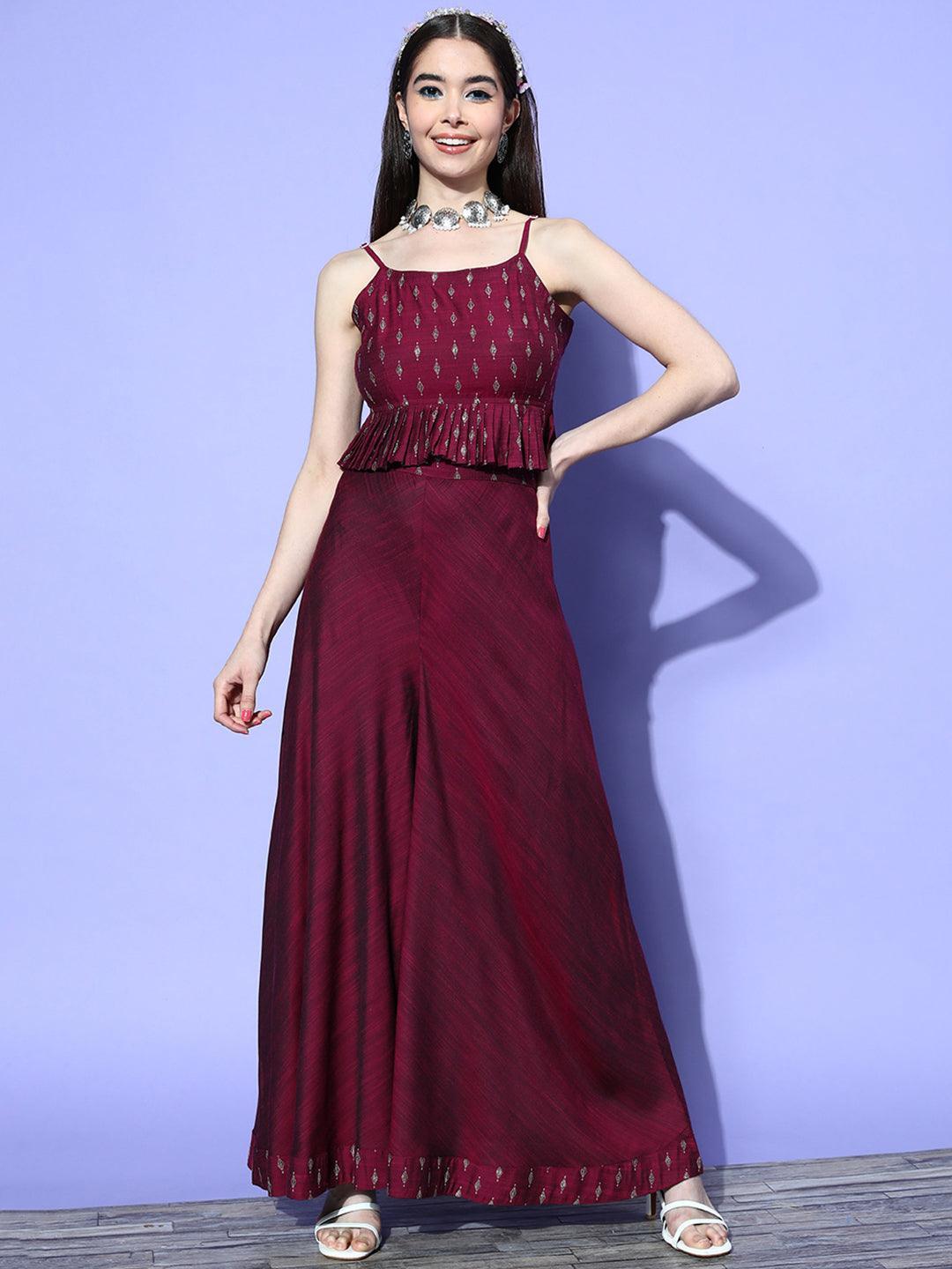 Burgundy Self Design Silk Blend Co-Ords - ShopLibas 