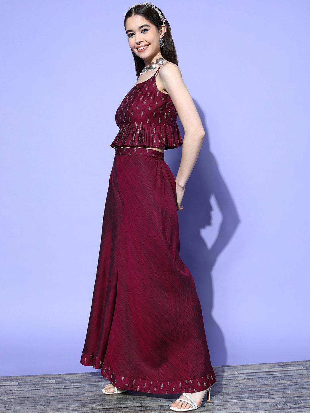 Burgundy Self Design Silk Blend Co-Ords - ShopLibas 