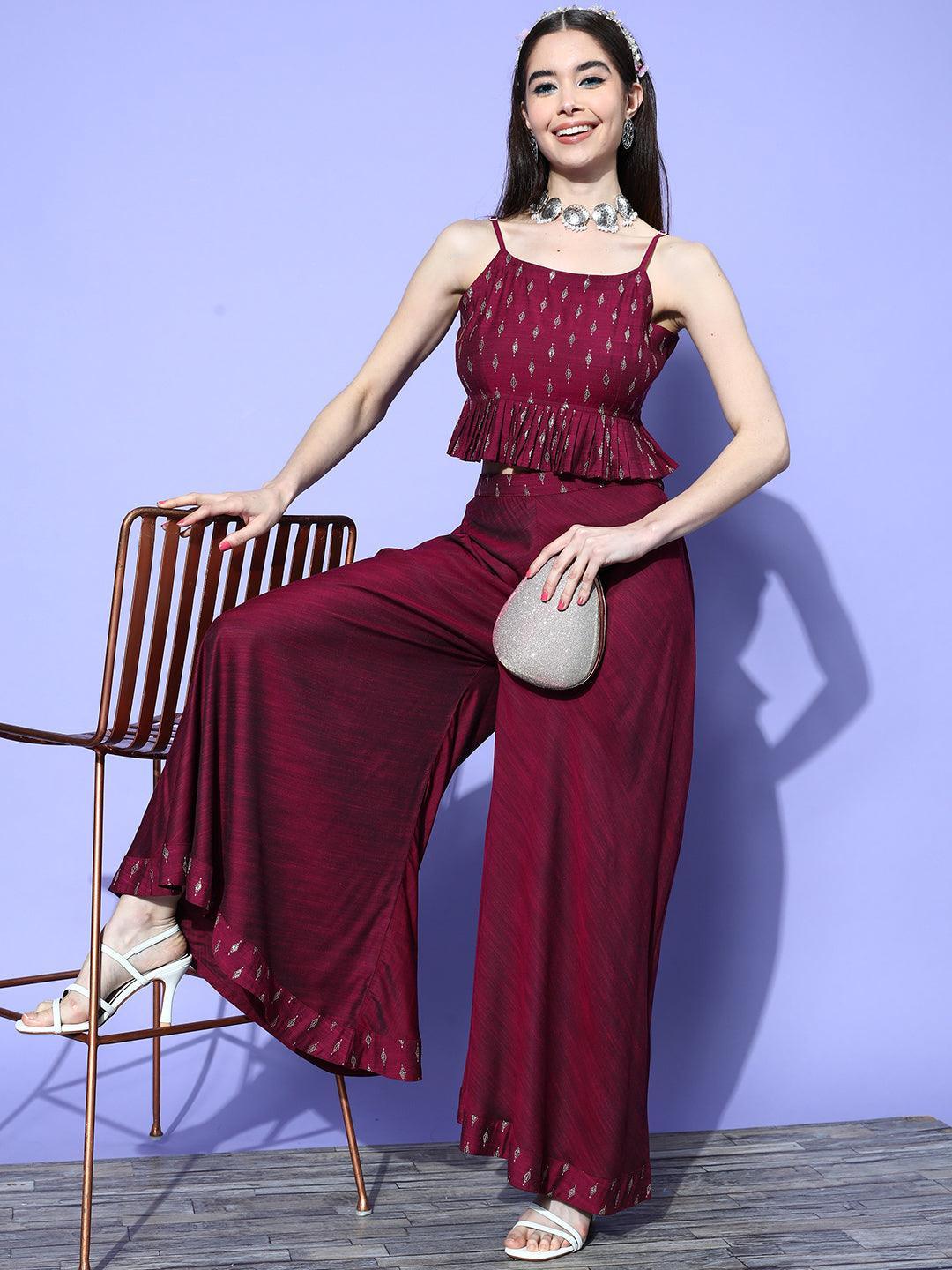 Burgundy Self Design Silk Blend Co-Ords - ShopLibas 
