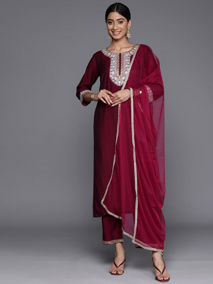 Burgundy Embroidered Silk Blend Suit Set With Trousers