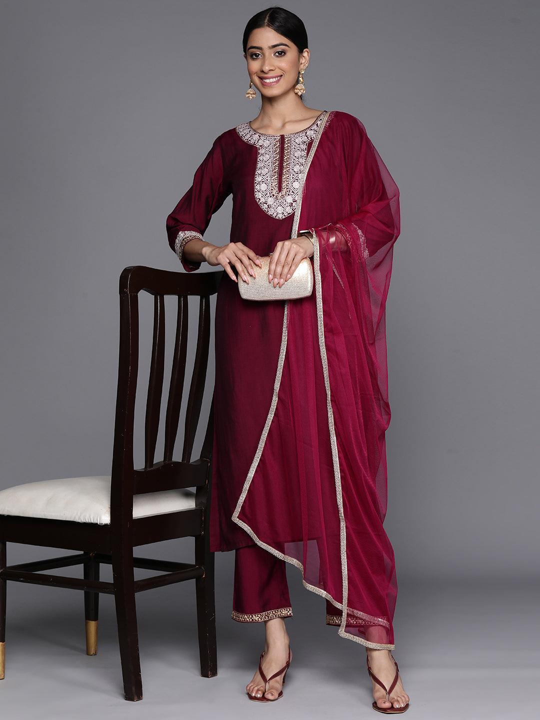 Burgundy Embroidered Silk Blend Suit Set With Trousers - ShopLibas 