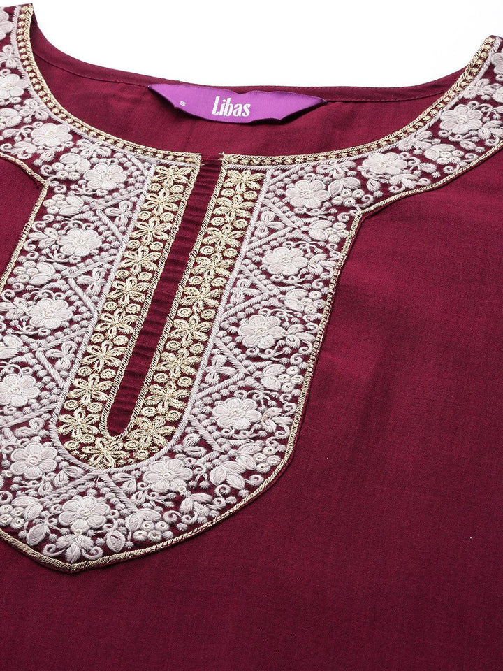 Burgundy Embroidered Silk Blend Suit Set With Trousers