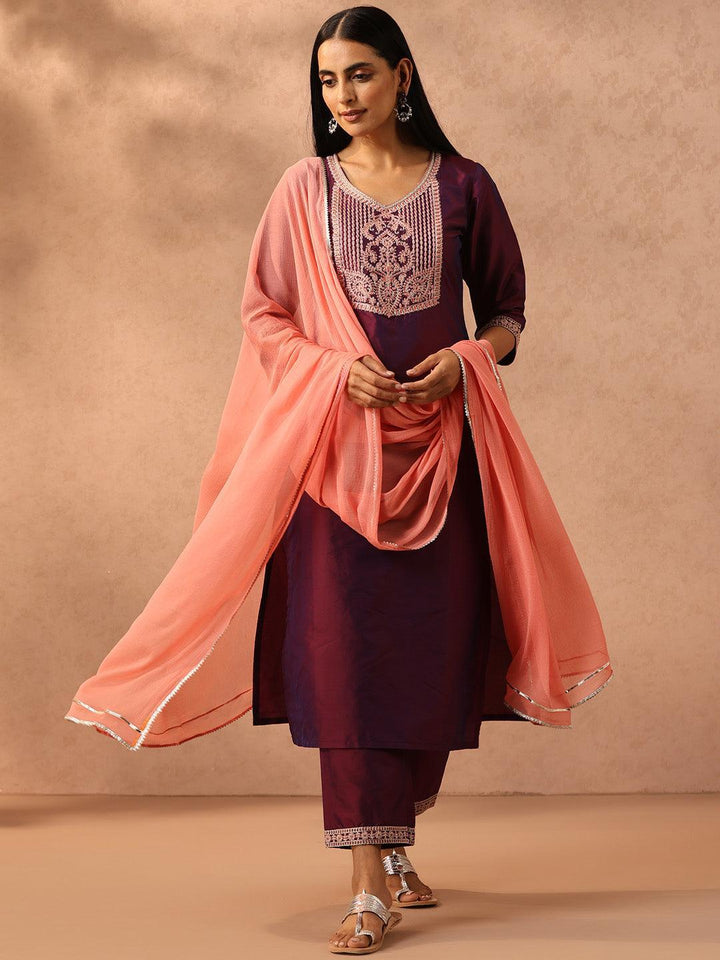 Burgundy Yoke Design Silk Blend Suit Set With Trousers