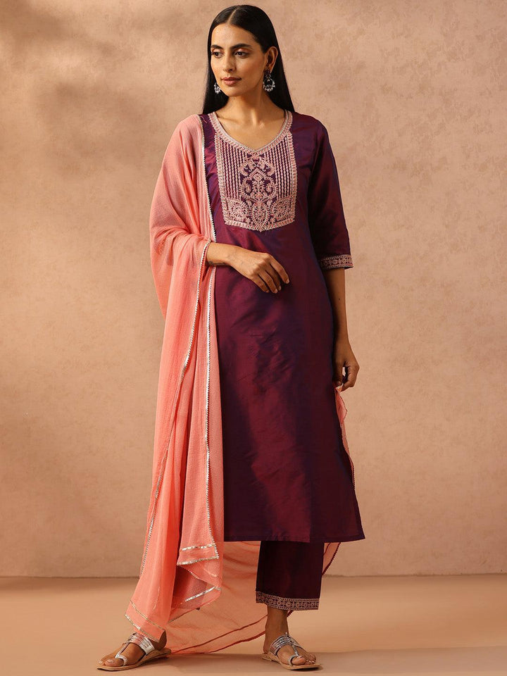 Burgundy Yoke Design Silk Blend Suit Set With Trousers