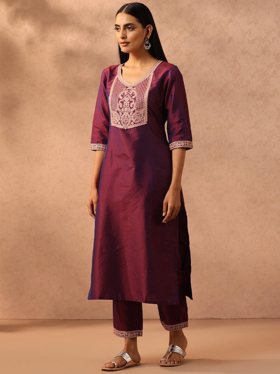 Burgundy Yoke Design Silk Blend Suit Set With Trousers - ShopLibas 