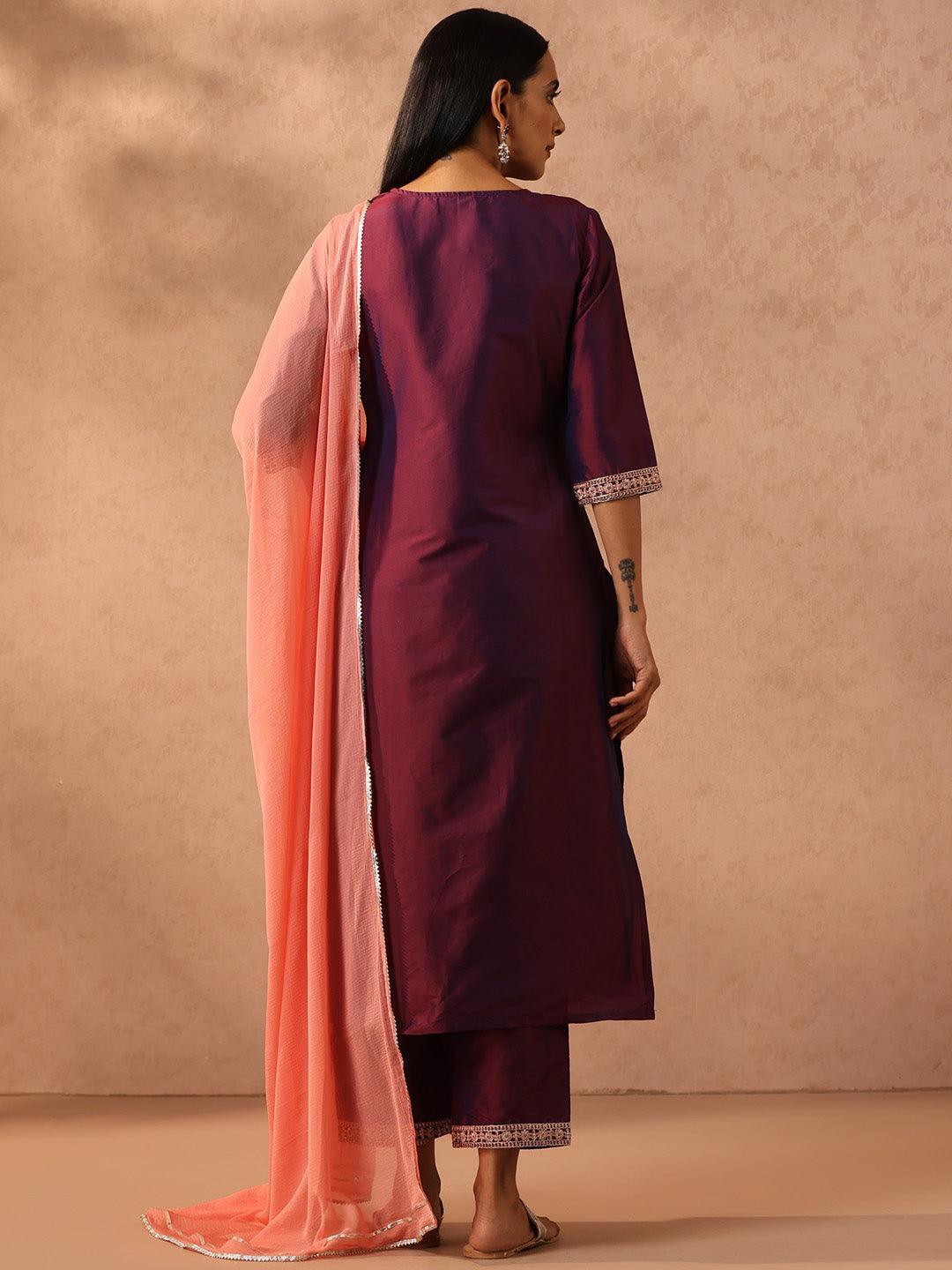 Burgundy Yoke Design Silk Blend Suit Set With Trousers - ShopLibas 