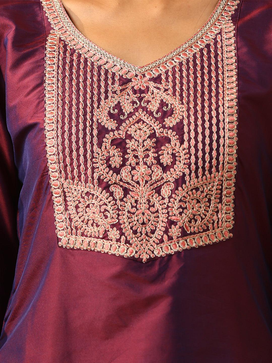 Burgundy Yoke Design Silk Blend Suit Set With Trousers - ShopLibas 