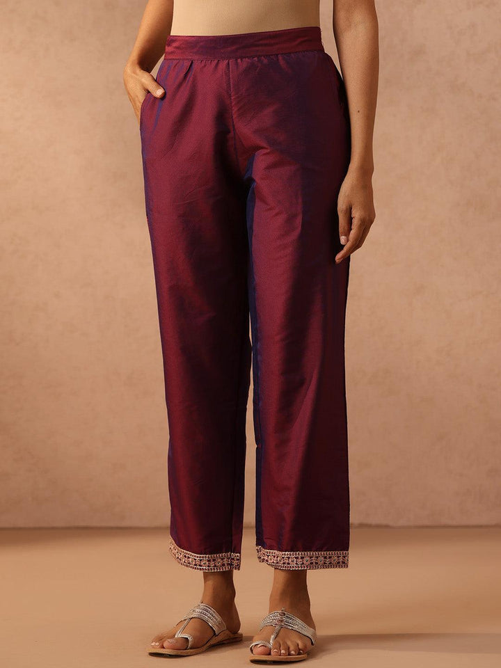 Burgundy Yoke Design Silk Blend Suit Set With Trousers