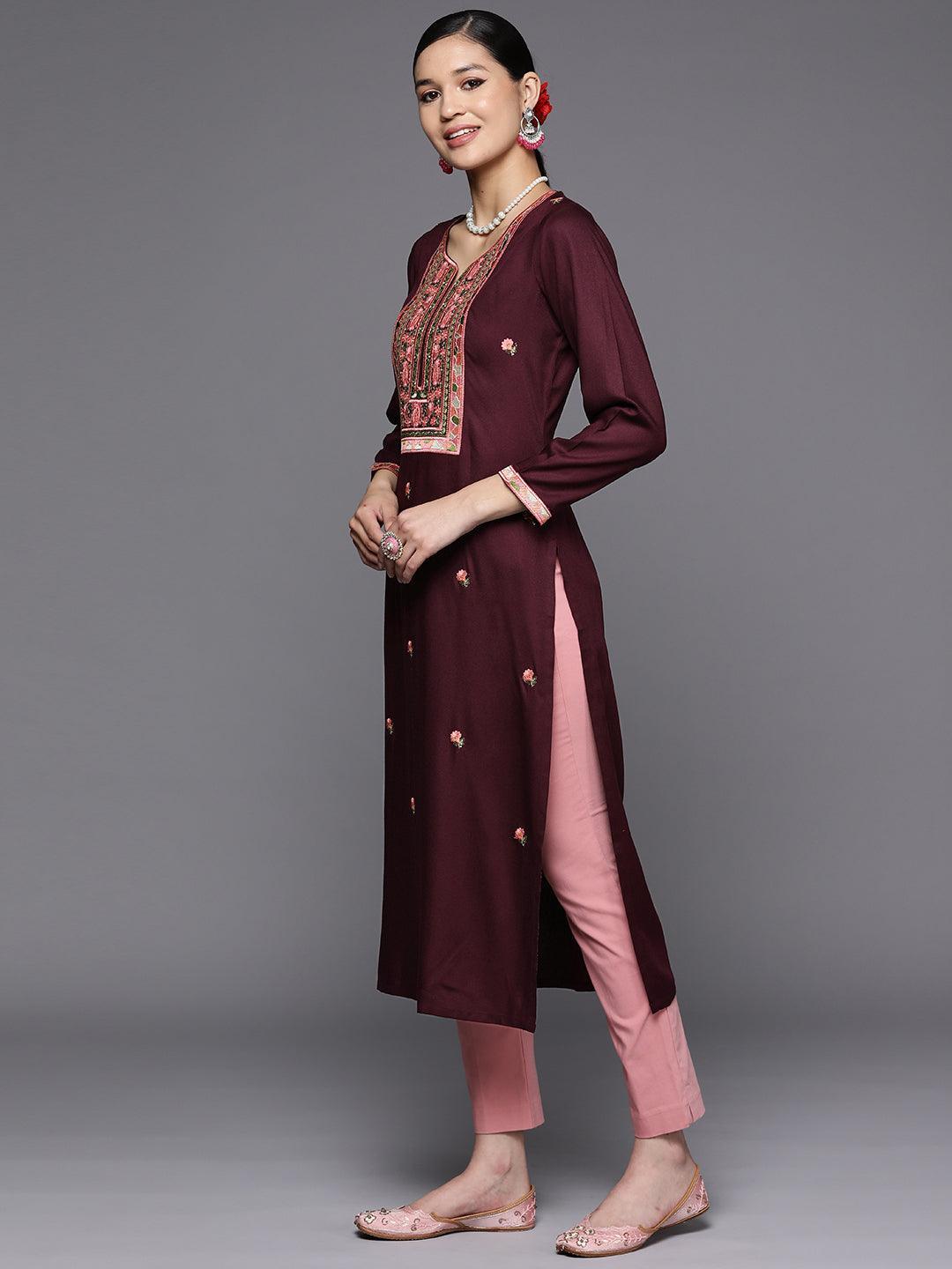 Burgundy Yoke Design Wool Straight Kurta - Libas 
