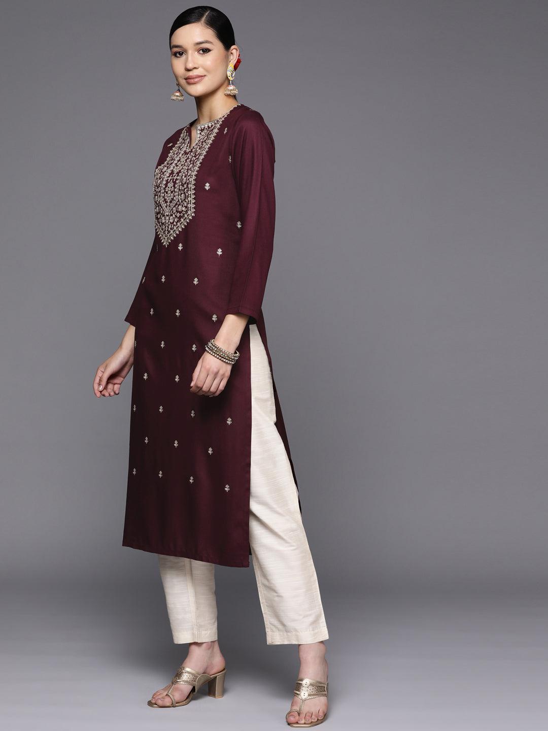Burgundy Yoke Design Wool Straight Kurta - Libas 